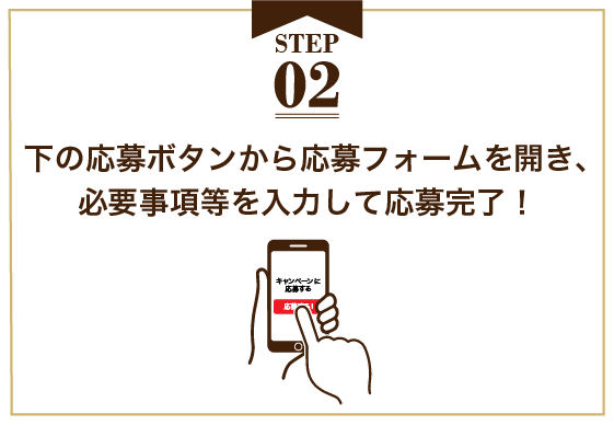 応募の流れの下にある「キャンペーンに応募する」ボタンから応募フォームを開き、必要事項等を入力して応募完了！