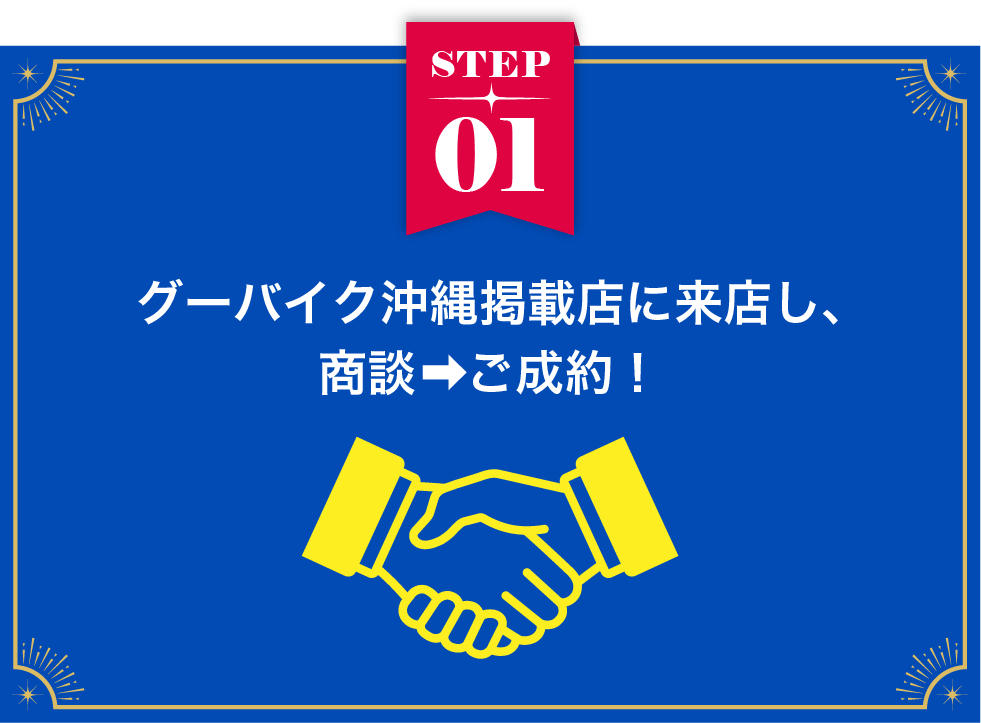 STEP1：グーバイク沖縄掲載店に来店し、ご成約！